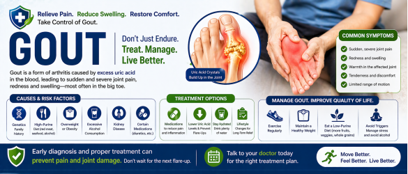 Gout treatment for swollen joints and uric acid crystal buildup